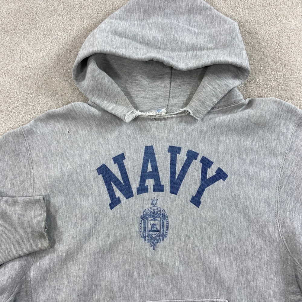 Vintage Champion Hoodie Mens Medium Gray US Naval Academy Navy Reverse Weave